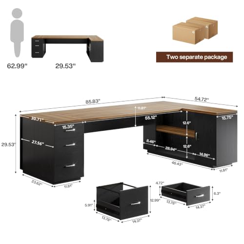 Tribesigns 86" L-Shaped Executive Office Desk, Extra Large Home Office Desk - color: Brown&black