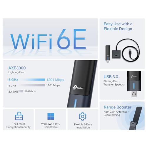 TP-Link USB WiFi 6E Adapter for Desktop PC,AXE3000 Tri-Band USB WiFi Dongle | Wireless Network Adapter, Ultra-Low Latency, MU-MIMO, OFDMA, Refined Security, WPA3, Supports Windows 11/10 (Archer TXE50UH) - size: AXE3000, Wi-FI 6E