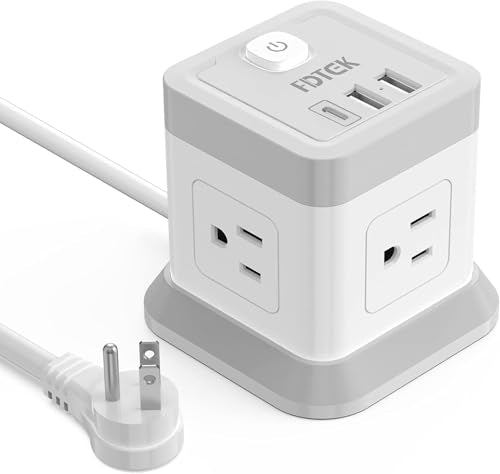 FDTEK Power Strip USB C, 4 Outlets 3 USB Ports 5 FT Extension Cord White | Flat Plug Design Overload Protection Compact Portable Power Strip for Travel Home Office Desk & Bedroom Use ETL Listed - color: Grey and White, size: 5FT
