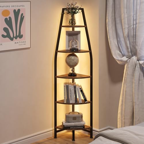 CHOEZON Corner Shelf with Lights, Corner Bookshelf with Metal Frame, 5-Tier Tall Ladder Shelf, Storage Rack for Home Office, Bedroom, Living Room, Rustic Brown and Black TCJ71DBF