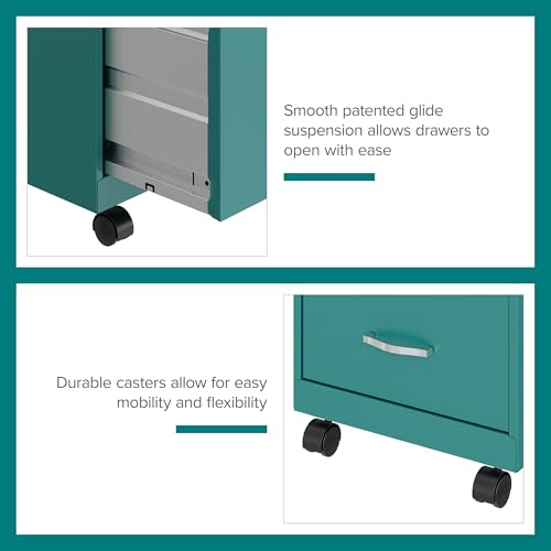 Hirsh Industries Space Solutions 2 Drawer Metal Mobile File Cabinet with Lock, Letter Size, Teal, Fully Assembled