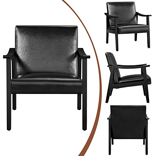Yaheetech Accent Chairs Set of 2, Mid-Century Faux Leather Armchairs, Black - color: Black