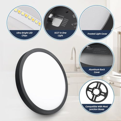 ECOELER LED Flush Mount Ceiling Light Fixture, 9inch Dimmable Round Ceiling Light, 24W 1800Lm, 5CCT Selectable Low Profile Slim Flat Panel Lights, ETL & FCC, Black - color: Black, size: 9Inch - 1PK