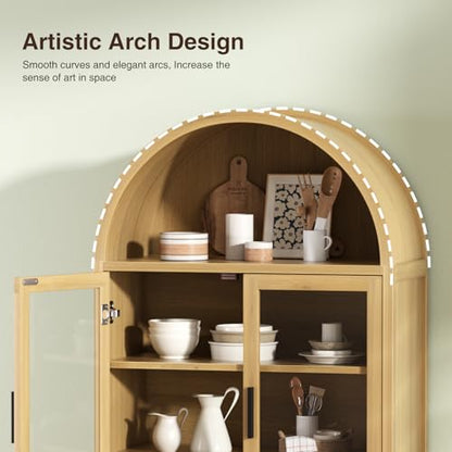 Arched Cabinet with Glass Doors, Fluted Pantry Cabinet with Solid Wood Legs - color: Wood Grain, size: Tall Arched - 15.7"D x 31.1"W x 70.8"H