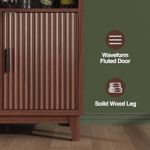 Fluted Buffet Cabinet with Storage, Modern Coffee Bar Cabinet, Walnut - color: Walnut, size: Coffee Bar - 15.6"D x 47.2"W x 49.6"H