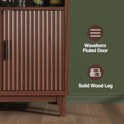 Fluted Buffet Cabinet with Storage, Modern Coffee Bar Cabinet, Walnut - color: Walnut, size: Coffee Bar - 15.6"D x 47.2"W x 49.6"H