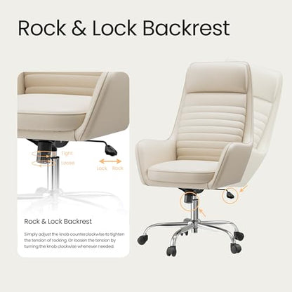 COLAMY Ellis High-Back Home Office Desk Chair, Leather Executive Chair with Integrated Armrests, Beige - color: Beige
