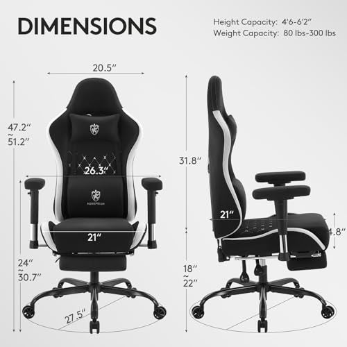 Gaming Chair,Office Chair with Footrest,Massage,Black Grey | Breathable Fabric,Gel Pad,Ergonomic,Spring Cushion,High Back,2D Adjustable Arms,Reclining,Lumbar Support,Headrest,Gamer Chair - color: Black Grey