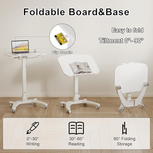 BONTEC Mobile Foldable Standing Desk, Gas Spring, 25.6 x 19.7 Inch, White - color: White