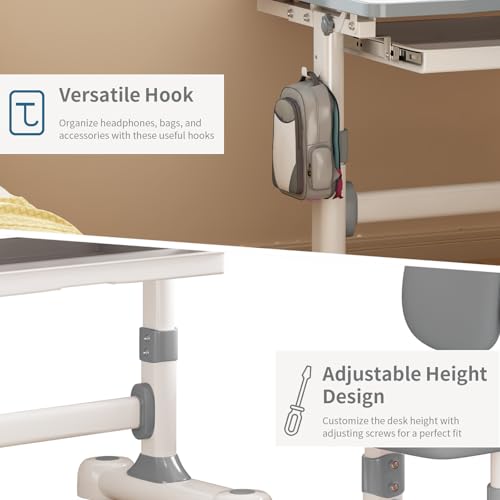 Kids Study Desk and Chair Set 3-12, Adjustable Children School Desk-10GREY | Height Adjustable | 50° Tilt Desktop | Book Stand & Metal Hook & Storage Drawer | Writing Drawing Table for Boys and Girls - color: 100-grey-27.5in