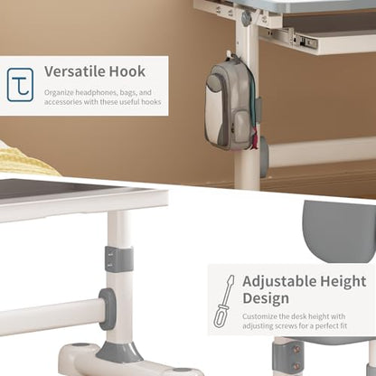 Kids Study Desk and Chair Set 3-12, Adjustable Children School Desk-10GREY | Height Adjustable | 50° Tilt Desktop | Book Stand & Metal Hook & Storage Drawer | Writing Drawing Table for Boys and Girls - color: 100-grey-27.5in
