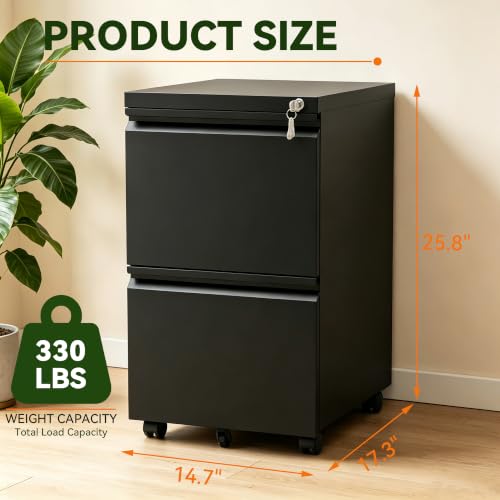 SAWJEC 2 Drawer Rolling File Cabinet Fully Assembled, Black - color: 01b-black