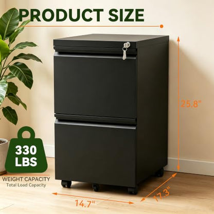 SAWJEC 2 Drawer Rolling File Cabinet Fully Assembled, Black - color: 01b-black
