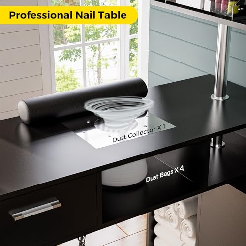 Kikihouse Manicure Table Nail Desk with Stool, Rotating L-Shaped Nail Tech Desk with Dust Collector, Two-Way Drawer, Cabinet & Storage Shelves, Reversible Manicure Workstation on Wheels (Black) - color: Black