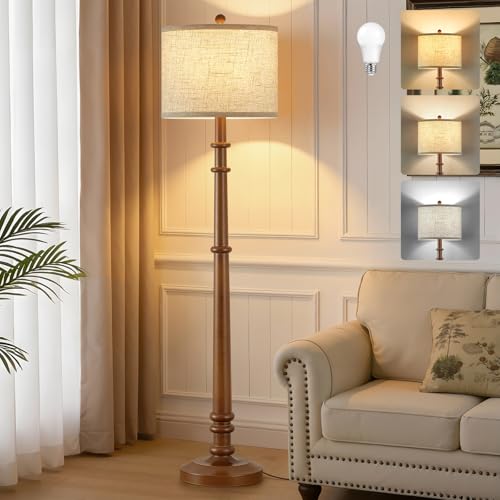 Floor Lamps for Living Room - 60" Farmhouse Floor Lamp with Adjustable Color Temperatures - Vintage Standing Lamp Reading Light with Linen Shade Rustic Tall Lamp for Bedroom Office, Dining Room, Wood - color: Wood