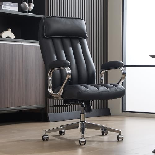 Okeysen Executive Office Chair, Modern Leather Chair with Headrest & Lumbar Support, High Back Ergonomic Chair with Padded Armrests & Seat, Height Adjustable Swivel Rolling Chair for Home Office. - color: Black
