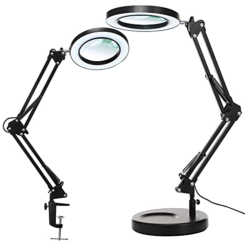 KIRKAS Magnifying Glass with Light and Stand, 12X 9.06in Clamp & Base | Magnifier Adjustable Color Dimmable for Craft Hobby Repair Sewing Beading Close Work, LED Lighted Desk Lamp Swivel Arm Black - color: Black, size: 12X-9.06in 2-in-1