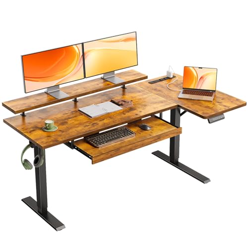 OffiGo 55 Inch Reversible L Shaped Electric Standing Desk, Rustic Brown | Monitor Stand, Keyboard Tray, Power Outlets, 3 Memory Presets, Corner Stand Up Desk for Ergonomic Home Office, Workstaion - color: Rustic Brown, size: 55 Inch