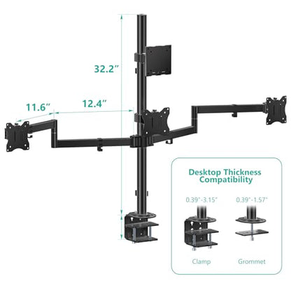 WALI Stacked 4 Monitor Mount for 49" UItrawides and Three 27" Monitors | Tall Quad Monitor Stand up to 44 lbs，Full Motion with Tilt, Swivel, C-Clamp & Grommet Base, VESA 75/100mm (M004S-P), Black - size: 13"-49", style: Quad