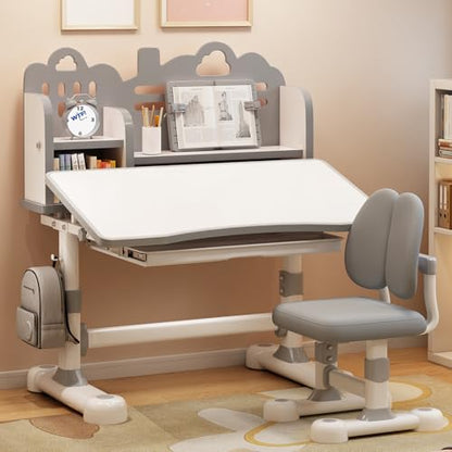 Kids Study Desk and Chair Set 3-12, Adjustable Children School Desk-10GREY | Height Adjustable | 50° Tilt Desktop | Book Stand & Metal Hook & Storage Drawer | Writing Drawing Table for Boys and Girls - color: 100-grey-27.5in