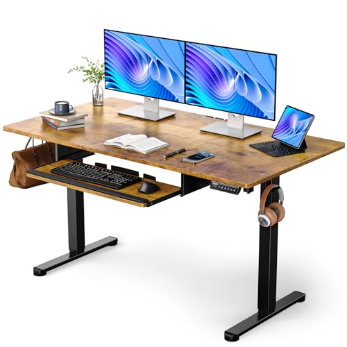 ErGear Electric Standing Desk with Keyboard Tray, 55x28 Inches Adjustable Height Sit Stand Up Desk, Home Office Desk Computer Workstation,Vintage Brown - color: Vintage Brown, size: 55" X 28"