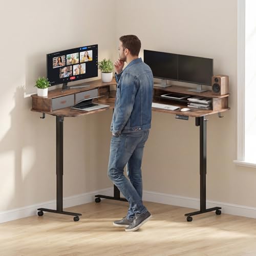 2-Tier L Shaped Electric Standing Desk with Drawers, 63 x 55 Height Adjustable Desk with Memory Controller, Storage, Corner Desk Sit Stand up Computer Table for Home Office,Rustic Brown - color: Brown, size: 63×55 Inch L-shaped with Drawers