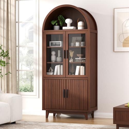 Arched Cabinet with Glass Doors, Fluted Pantry Cabinet with Solid Wood Legs | Storage Cabinet with Adjustable Shelves, 71" Tall Modern Accent Cabinet for Living Room, Kitchen, Dining Room, Walnut - color: Walnut, size: Tall Arched - 15.7"D x 31.1"W x 70.8