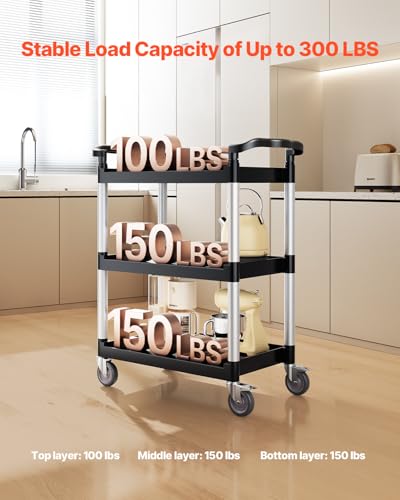 VEVOR Utility Cart, 300 lbs Load Capacity, 3-Tier Utility Plastic Cart with 360° Swivel Wheels (2 with Brakes), 24.4 x 16.1-inch Food Service Cart for Warehouse, Office, Home, Restaurant, Kitchen - style: 3 Tier-300LBS