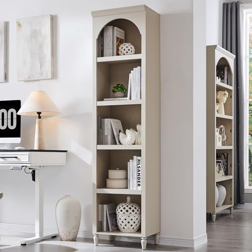 IFGET 76" Tall Arched Bookcase, Farmhouse Narrow Arch Bookshelf, Cream | 5 Tiers Bookcases w/Adjustable Shelves, Modern Wooden Book Shelf w/Storage and Open Display Shelves for Living Room, Office - color: Cream, size: Medium