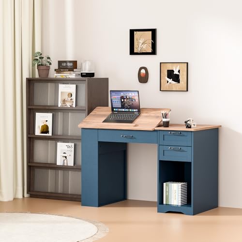 Drafting Table with Storage Cabinet & Drawers, Adjustable Drawing Desk with Open Shelves, Craft Table Painting Desk for Artists, Painters, Drawing, Crafting, Reading, Writing, Working (Blue) - color: Blue
