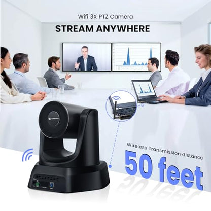 TONGVEO Wireless AI PTZ Camera with Auto-Tracking: Built-in 5.8GHz Receiver for Cable-Free Setup, 1080P 60fps 3X Zoom Conference Camera for Church Services, Online Classes & Hybrid Meetings - color: Coal