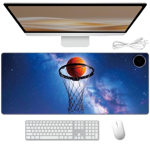 Heated Desk Pad 31.5" x 13" 3 Large Heated Mouse Pad with Heat Levels (40°C/45°C/50°C) & 3H Auto Shut-Off Desk Mat Fast Heating PU Leather Warmer Mousepad for Home Office - Basketball in Galaxy - color: Basketball in Galaxy, size: 31.5 x 13 inch