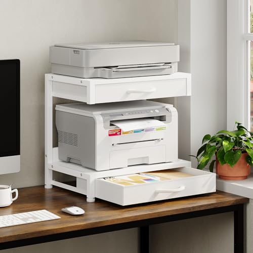 VENNQD 2-Tier Desktop Printer Stand with 2 Fabric Drawers, Prtiner Table with Storage Shelf, Desk Organizer for Home Office,3D Printer,Fax Machine,Scanner (White, 2 Tier) - color: White