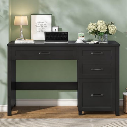 Vabches Farmhouse 47" Computer Desk with 4 Drawers, Pure Black | Executive Desk with File Drawer and Charging Station, Workstation for Home Office, Study - color: Pure Black Without Charging Station