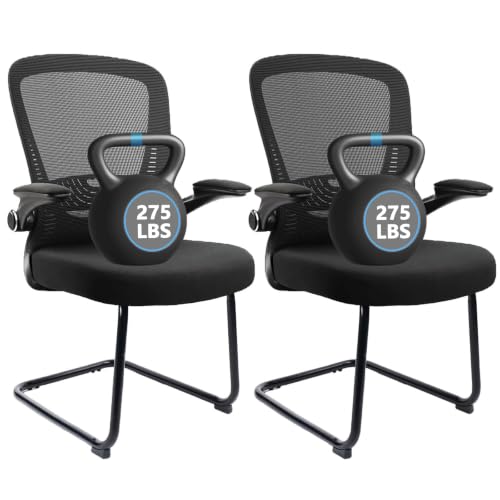 CLATINA Office Guest Chair no Wheels, Ergonomic Mesh Desk Chair Adjustable Lumbar Support and Flip Up Arms, Sled Base for Office Guest & Reception Chairs for Conference Room,Black (2PK) - color: Black Flip Up Armrests, size: 2PK