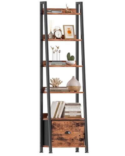 Furologee 6 Tier Ladder Shelf,Ladder Bookshelf with Drawer,Industrial Tall Bookcase,Storage Rack Organizer,Wood Metal Freestanding Shelves for Living Room, Home Office, Bedroom,Rustic Brown - color: Rustic Brown, size: 6-Tier, 15" W