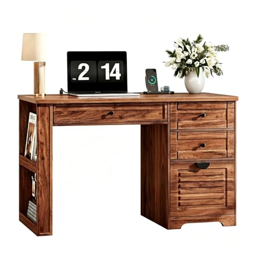 Ieejdn 47" Home Office Desks, Executive Desk, Farmhouse Computer Desk with Drawers and Charging Station, File Drawer, Storage Cabinet, Rustic Computer Writing Desk,Antique Tan - color: White, size: 47.24"