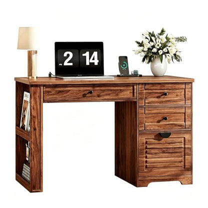 Ieejdn 47" Home Office Desks, Executive Desk, Farmhouse Computer Desk with Drawers and Charging Station, File Drawer, Storage Cabinet, Rustic Computer Writing Desk,Antique Tan - color: White, size: 47.24"