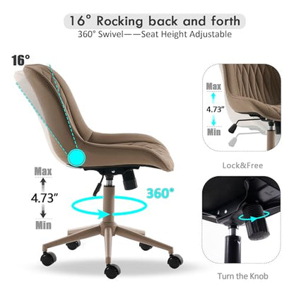 YOUNIKE Faux Leather Office Desk Chair Comfy Vanity Chair Armless Khaki | Ergonomic Upholstered Rocking Back, Swivel with Wheels, Height Adjustable, Modern Task Chair For Computer Sewing Drafting - color: All Khaki