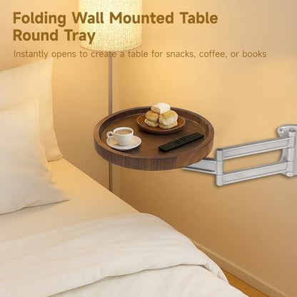 Folding Wall Mounted Table Round Tray, Extendable Desk with Metal Arm, Rotating Floating Shelf, Fold Down Space Saving Side Table, Nightstand Extender for Bedroom, Living Room, Bay Window