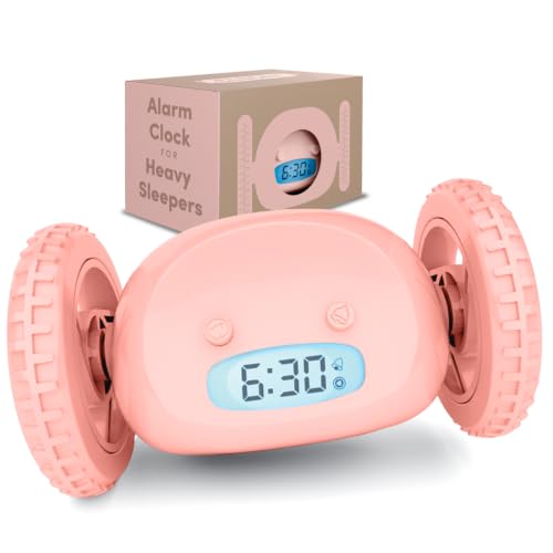 CLOCKY Extra Super Loud Alarm Clock for Heavy Sleepers Adults Kids Teens Bedroom, Move Jump Roll Run Away Easy to Set Smart Digital Alarm Clock on Wheels -Funny Gag Gift (Pink) - color: Pink