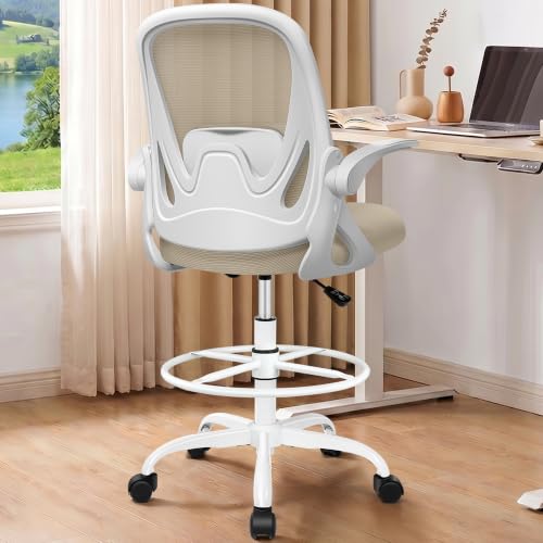 Drafting Chair Tall Office Chair with Flip-up Armrests, Adjustable Height, and Enhanced Lumbar Support - Ergonomic Rolling Stool, Back Support, and Adjustable Foot Rest Ring for Standing Desk Khaki - color: Khaki, size: 934W-Z