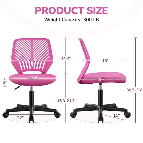 Yaheetech Small Desk Chair, Armless Adjustable Swivel Seat, Rose Red | Padded mesh seat and ventilated resin back, compact armless frame rolls and adjusts for study and small desks, holds 300 lb. - color: Rose Red