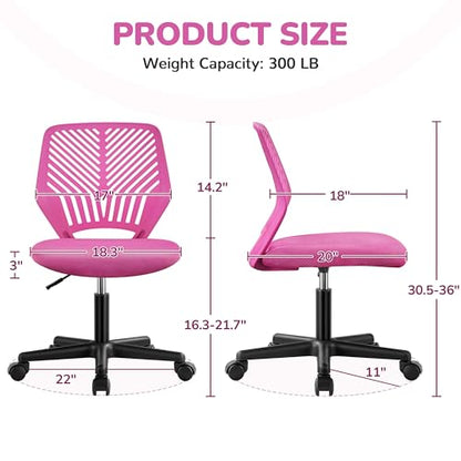 Yaheetech Small Desk Chair, Armless Adjustable Swivel Seat, Rose Red | Padded mesh seat and ventilated resin back, compact armless frame rolls and adjusts for study and small desks, holds 300 lb. - color: Rose Red