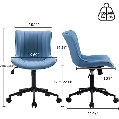 YOUNIKE Office Desk Chair with Wheels Armless Vanity Chair Modern Blue | Faux Leather Upholstered with Rocking Back, Swivel Height Adjustable Small Cute Computer Rolling Task Chair Ergonomic 300lb - color: Blue, size: Base Black