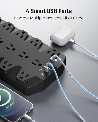 SUPERDANNY 18 AC Power Strip Surge Protector, 10FT, Flat Plug, 1875W/15A - color: Black, size: 10 FT