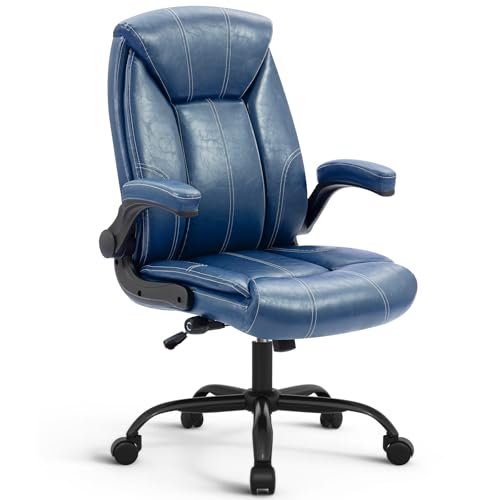 Executive Office Chair,Big and Tall Ergonomic Desk Chair with Adjustable Lumbar Support,Breathable PU Leather Computer Chair wih Flip-up Arms and Wheels,Navy Blue - color: Navy Blue