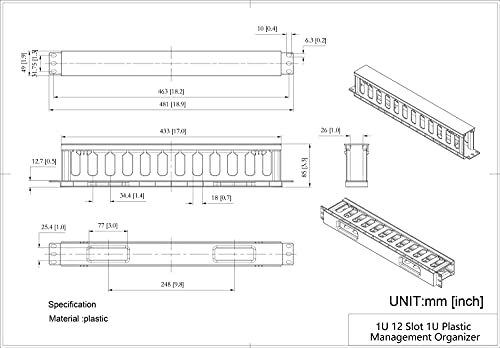 2 Pack 1U 19 inches Plastic Cable Manager with Cover 12 Slots | Horizontal Rack Mount Organizer with M6 Screws and Cage Nuts (PCMB12S2PC)