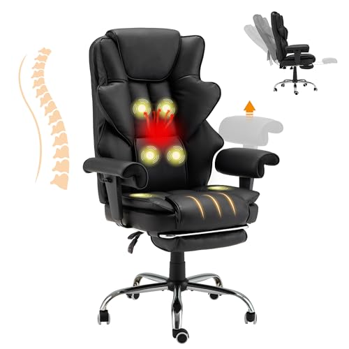 HOMREST 6-Point Massage Office Chair,Heating Executive Chairs,Ergonomic Home Office Desk Chairs with Retractable Footrest & Reclining Function,Leather Computer Chair with Adjustable Armrest(Jet Black)
