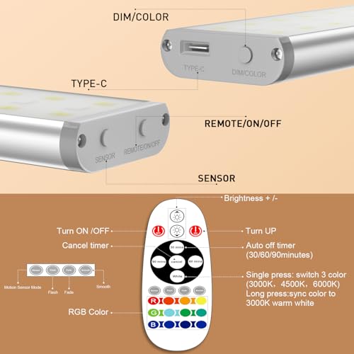 Under Cabinet Lighting Wireless,58 LED Motion Sensor Light Indoor Night Lights with Remote,Rechargeable RGB Under Cabinet Lights Bar,Dimmable Under Counter Lighting for Kitchen,Shelf(3Pack) - size: 3 Pack